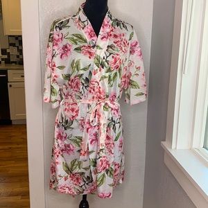 Romantic Floral Cottagecore Kimono Robe Pink Botanical Tie Waist Bridal Lounge